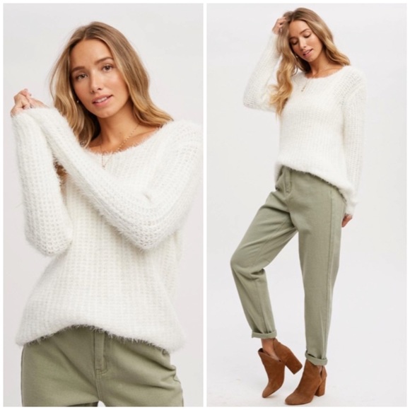 Sweaters - SOLD OUT Ivory Fuzzy Boucle Comfy Soft Pullover Knit Relaxed Fit Casual Sweater